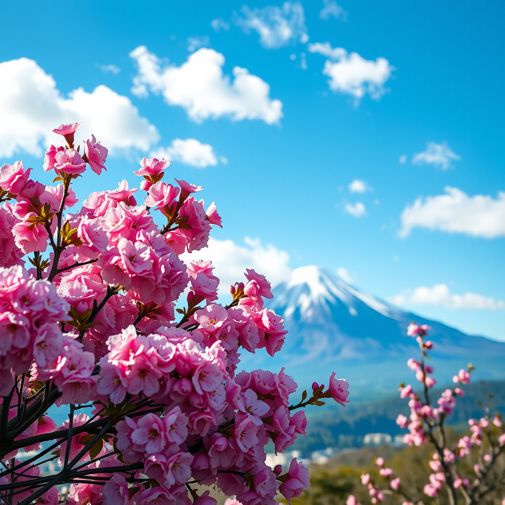 Beautiful Japanese landscape showing Mount Fuji with cherry blossoms in foreground, clear blue sky with scattered clouds, representing diverse weather conditions across Japan's regions