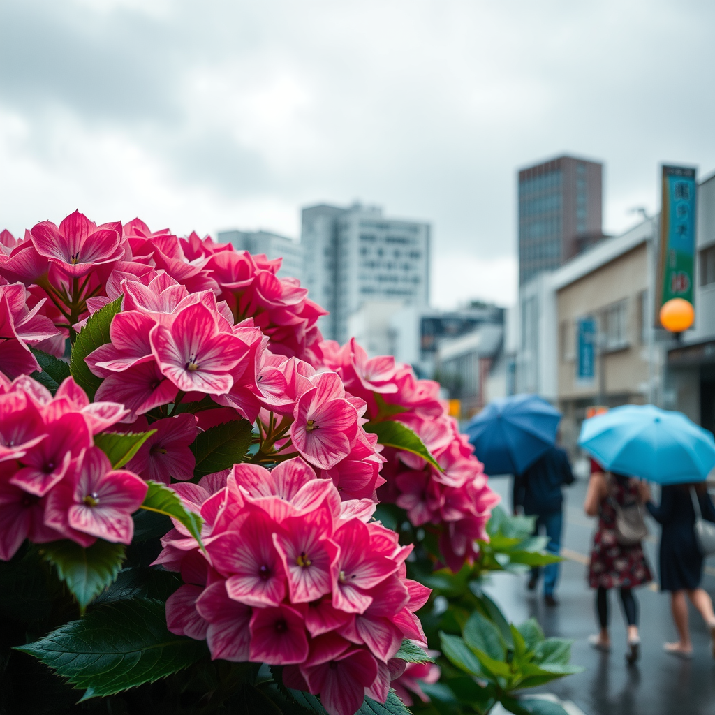 日本の梅雨シーズンの風景。雨に濡れた紫陽花の花が咲き誇り、傘を差して歩く人々のシルエットが見える都市の街並み。灰色の雲が空を覆い、雨粒が地面に落ちる様子