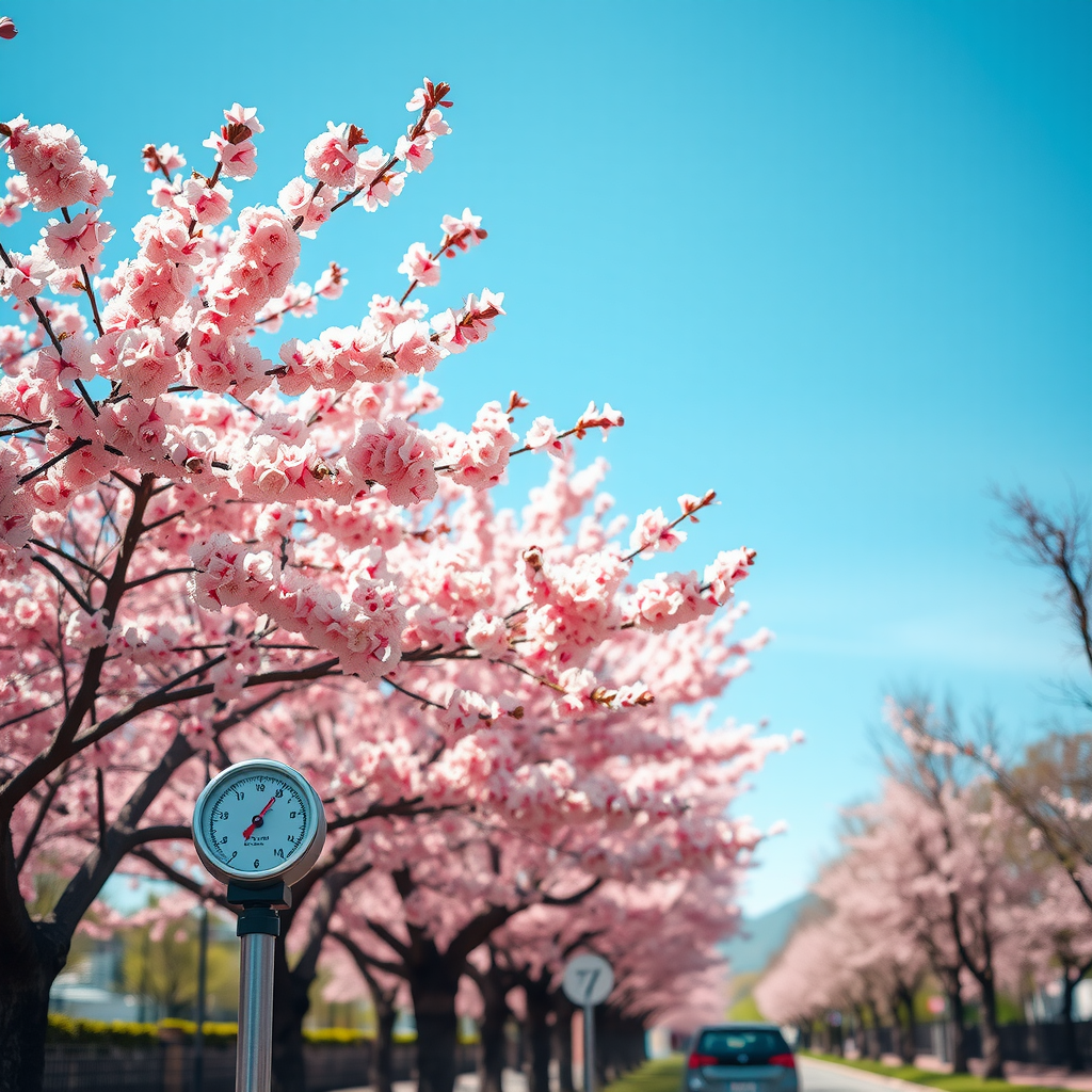 満開の桜の木々が並ぶ日本の公園の風景。ピンク色の花びらが青空の下で咲き誇り、気温計と気象観測機器が前景に配置されている。春の穏やかな日差しが桜の花を照らし、気象データと自然の美しさの関係を表現している。