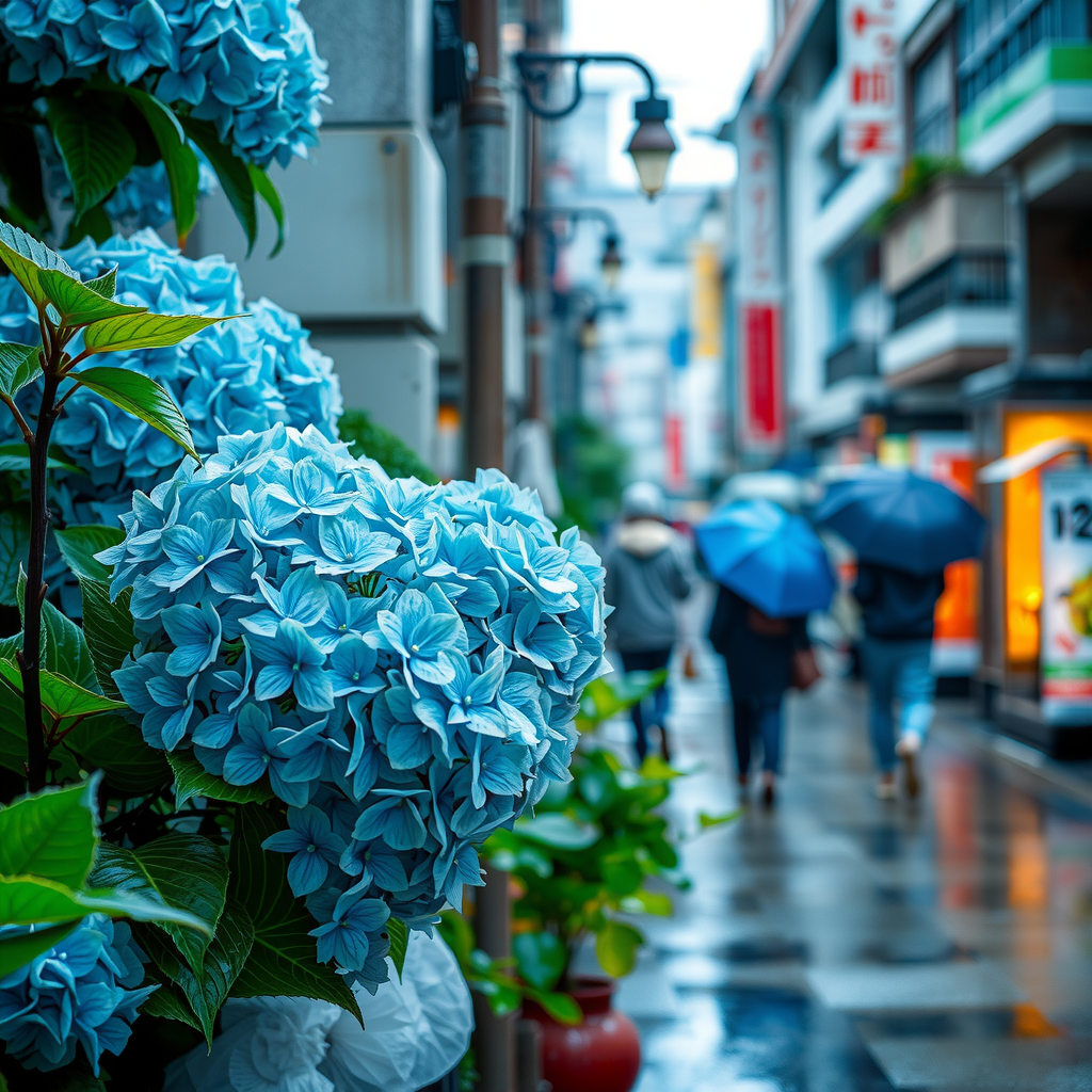 日本の梅雨シーズンの風景。雨に濡れた紫陽花の花々、傘を持って歩く人々、しっとりとした街並み。青と緑の色調で、穏やかで湿度の高い雰囲気を表現