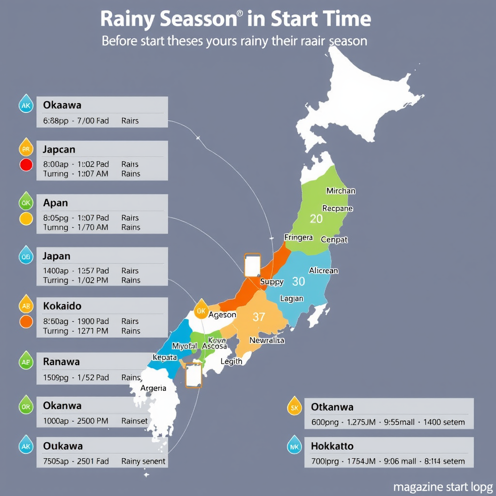 日本地図に梅雨の地域別開始時期を示したインフォグラフィック。沖縄から北海道まで、色分けされた地域ごとに梅雨入りと梅雨明けの時期が表示されている
