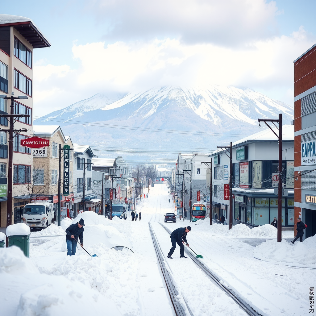 札幌の雪景色:市街地に降り積もる雪、雪かきをする人々、雪に覆われた建物と道路。背景には雪化粧した山々が見える都市の冬の日常風景