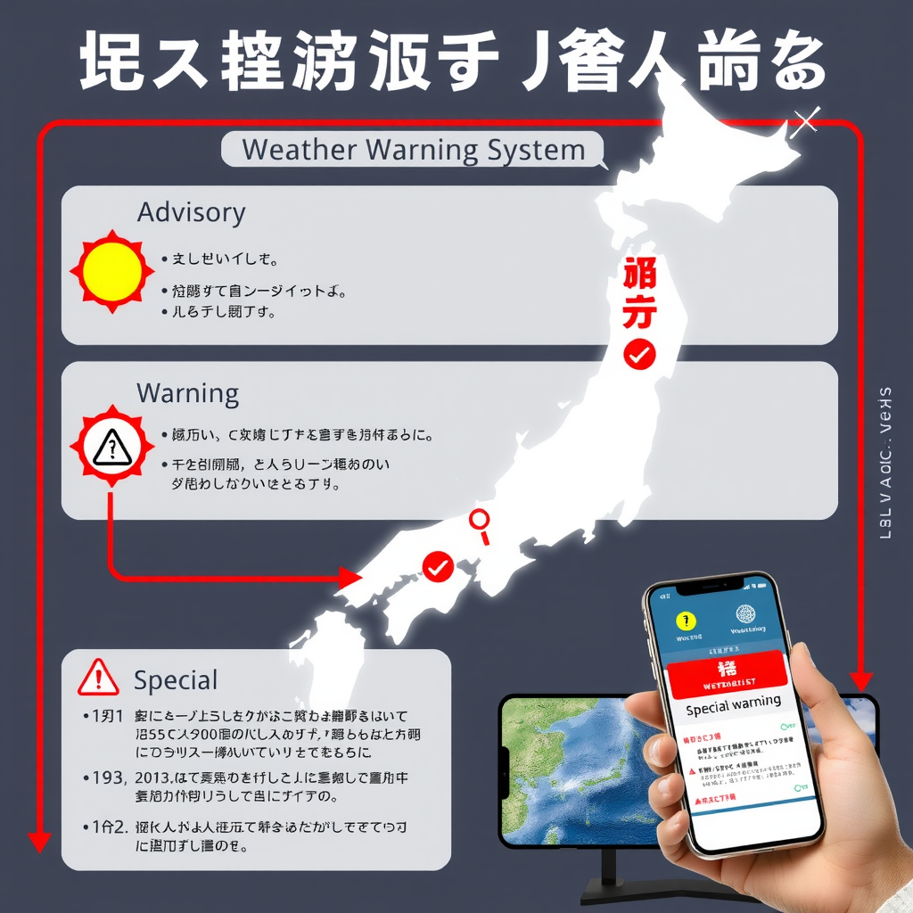 日本の気象警報システムを示すインフォグラフィック。注意報、警報、特別警報の3段階が色分けされ、それぞれの段階で取るべき行動が矢印とアイコンで示されている。スマートフォンに表示される緊急速報のイメージも含まれている