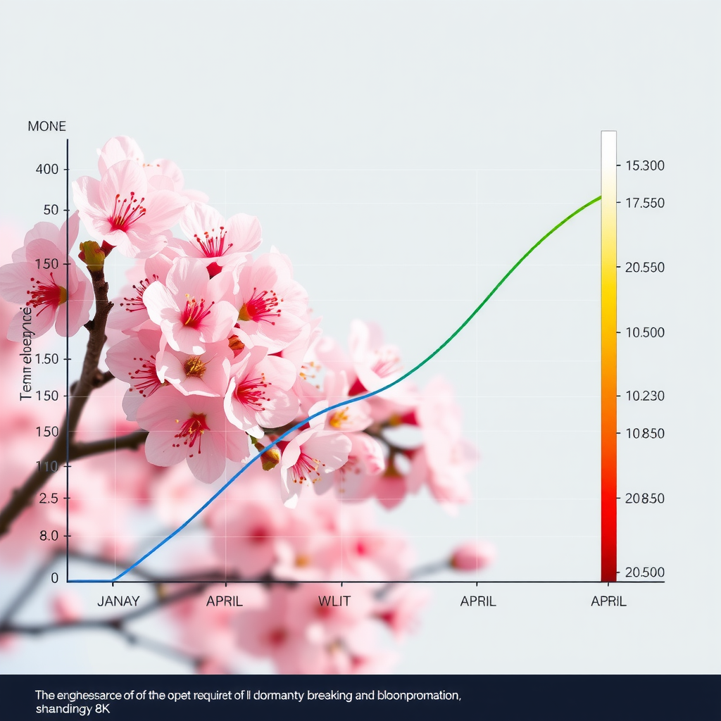 桜の開花に必要な温度変化を示すグラフ。横軸に月(1月から4月)、縦軸に気温(摂氏)を表示。冬季の低温期間(青色の線)から春季の温暖化(緑色から黄色への線)への移行を示し、休眠打破と開花促進の温度閾値が赤い点線で示されている。