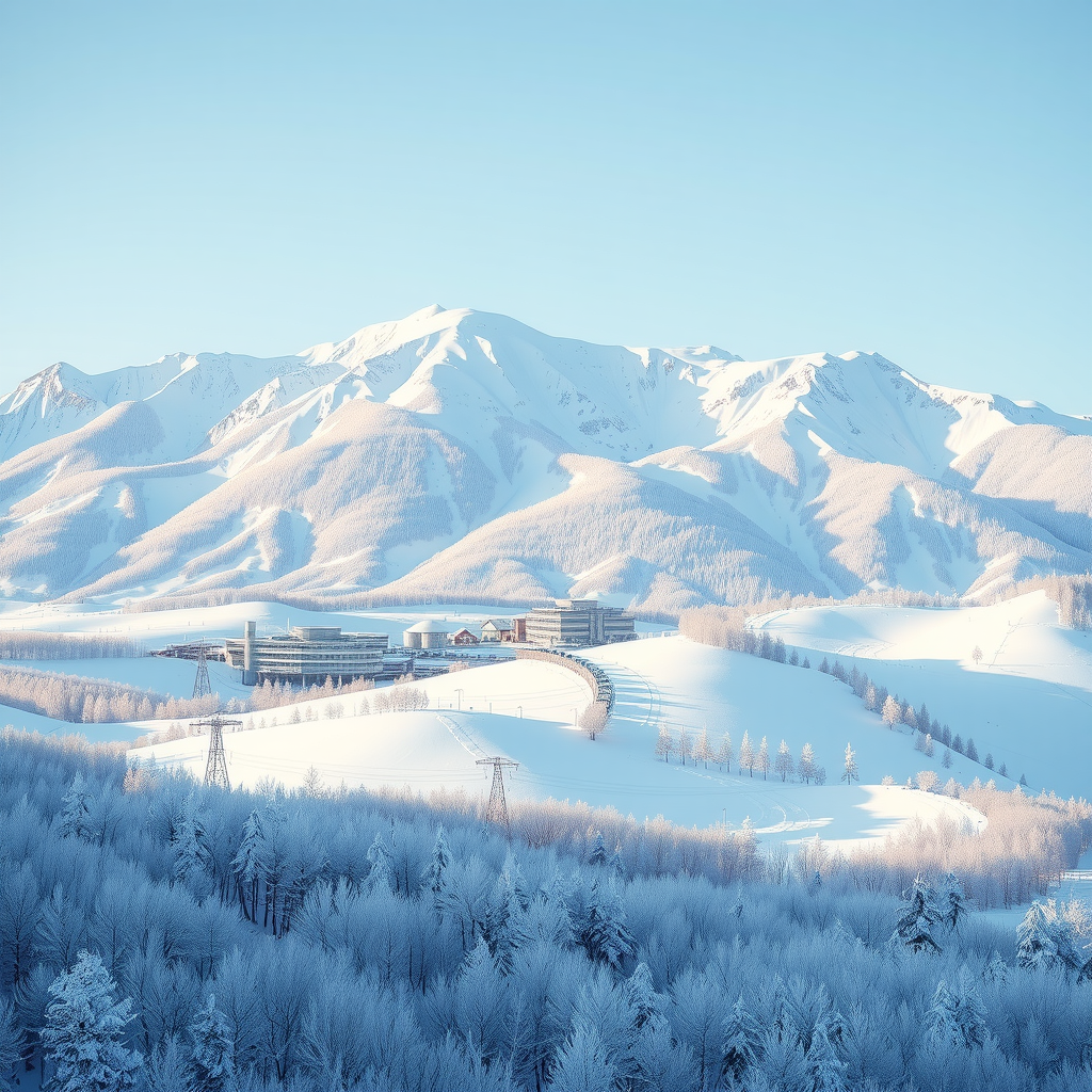 北海道の冬景色。深い雪に覆われた山々、スキーリゾート、雪の結晶、青白い空。寒冷で美しい冬の気候を表現する白と青の色調