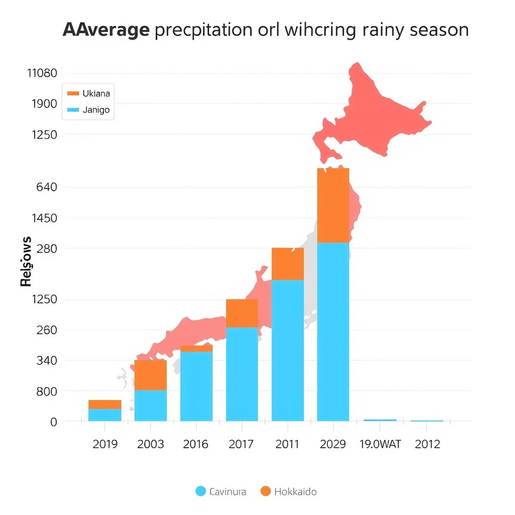 日本各地の梅雨期間中の平均降水量を示す棒グラフ。地域ごとに色分けされ、沖縄が最も高く、北海道が最も低い降水量を示している