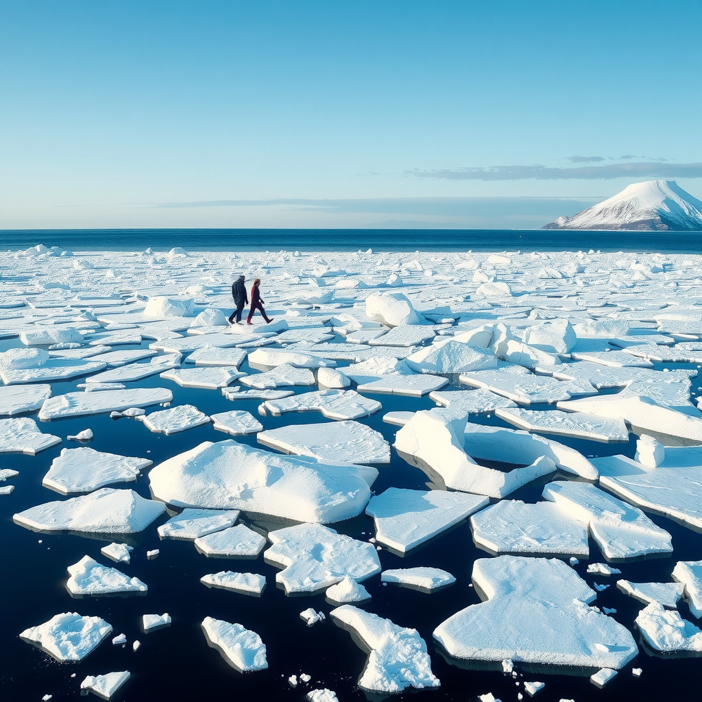 オホーツク海の流氷:海面を覆う白い流氷の群れ、青い海と空のコントラスト。遠くに見える海岸線と、流氷の上を歩く人々のシルエット。冬の北海道ならではの幻想的な風景