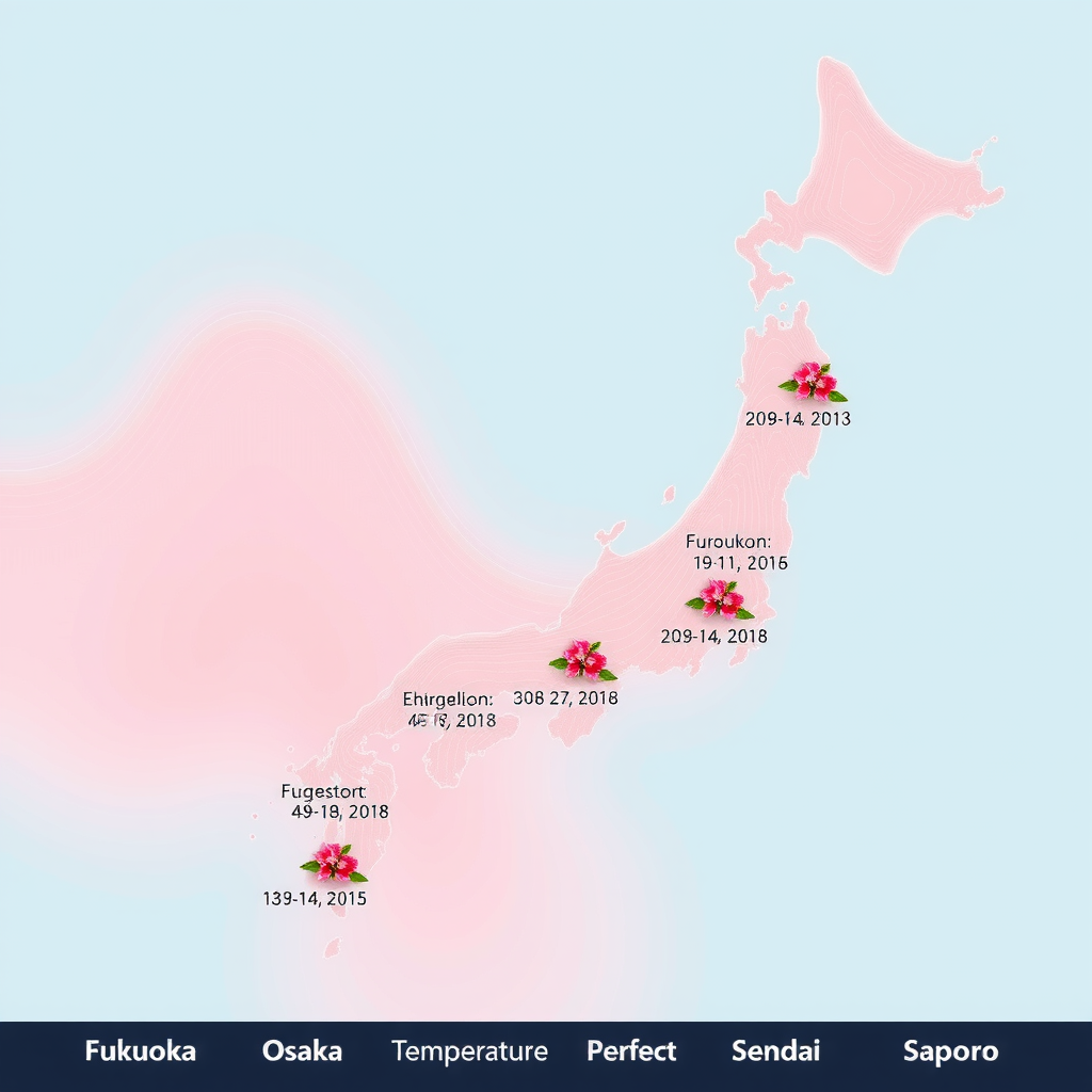 日本列島の地図に桜前線の北上を示すイラスト。南から北へと色分けされた等高線状の線が描かれ、各主要都市(福岡、大阪、東京、仙台、札幌)に桜のアイコンと開花予想日が表示されている。背景は淡い青色で、温度グラデーションが視覚的に表現されている。