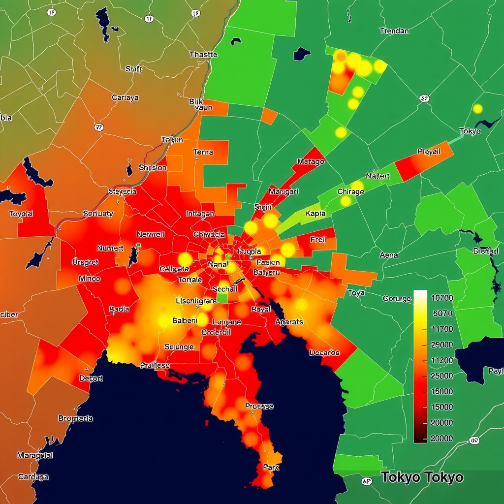 東京23区の夜間気温分布を示すヒートマップ。赤色が濃いほど高温を示し、都心部の千代田区、中央区、港区が最も高温。緑色の公園部分は相対的に低温。衛星画像風の視覚表現。