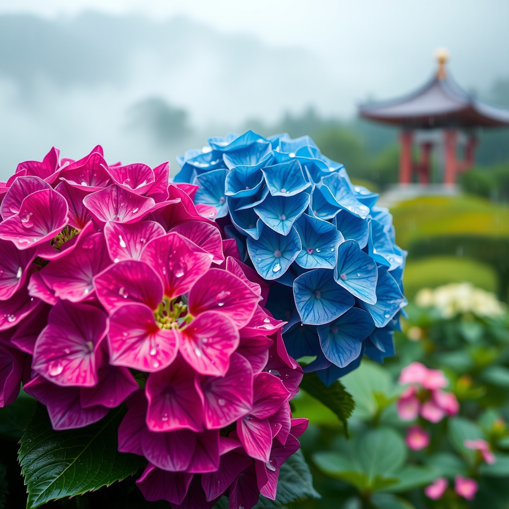 雨に濡れた美しい紫陽花の花々。青、紫、ピンクの色とりどりの紫陽花が雨粒をまとい、背景には霧がかった日本庭園の風景が広がる