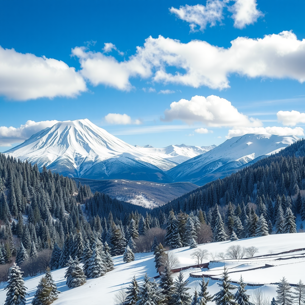 北海道の山岳地帯:雪に覆われた大雪山系の峰々、青空と白い雲。手前には針葉樹林が広がり、遠くには連なる山々のシルエット。冬山の壮大さと厳しさを表現した風景