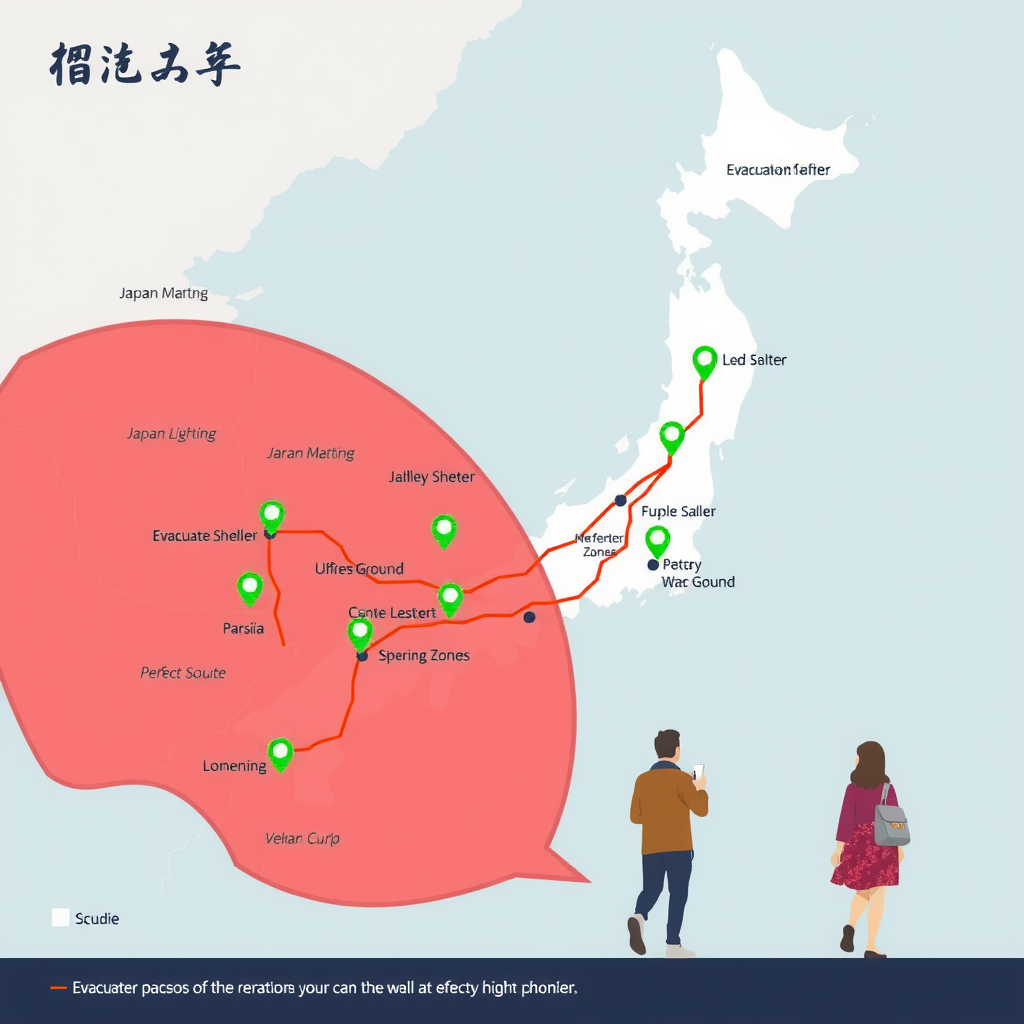 日本の地域避難マップ。避難所の位置が緑色のマーカーで示され、複数の避難経路が矢印で表示されている。河川や危険区域は赤色で強調され、安全な高台への経路が明確に示されている。家族が避難所に向かう様子のイラスト