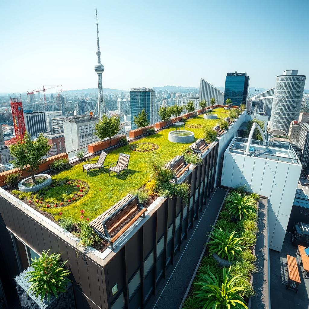 東京都心の高層ビル屋上に設置された緑化庭園。様々な植物が植えられ、ベンチや歩道が整備されている。背景には東京スカイツリーが見える。都市緑化の成功事例を示す明るい写真。