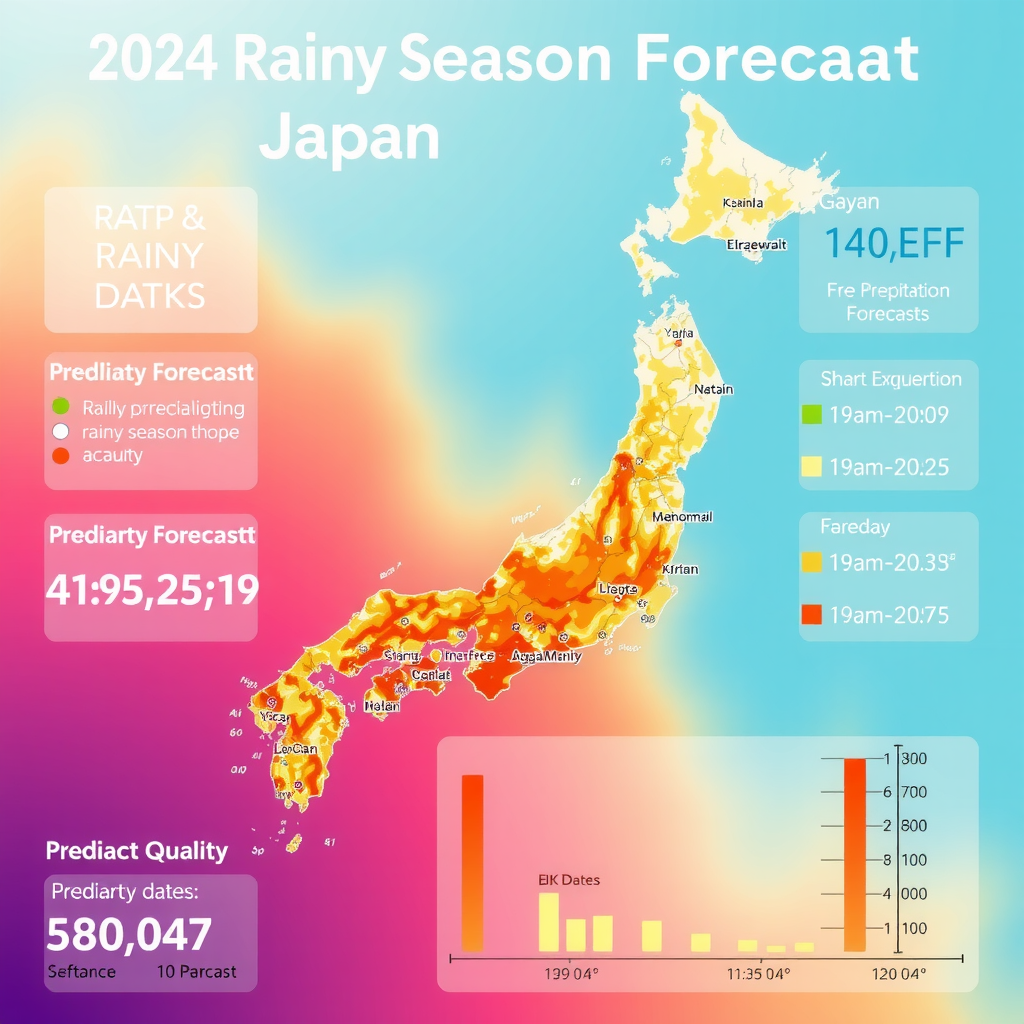 2024年梅雨シーズンの予報ダッシュボード。日本地図上に降水量予測、気温予測、梅雨入り・梅雨明け予想日が視覚的に表示されている