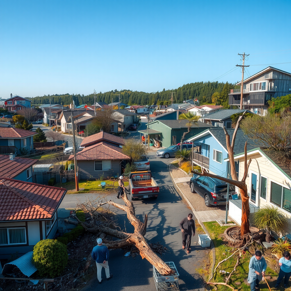 台風通過後の日本の住宅地。住民が協力して倒木や飛散物を片付けている様子。一部の家屋では屋根や窓の損傷が見られ、作業員が点検を行っている。青空が戻り、復旧作業が進む前向きな雰囲気