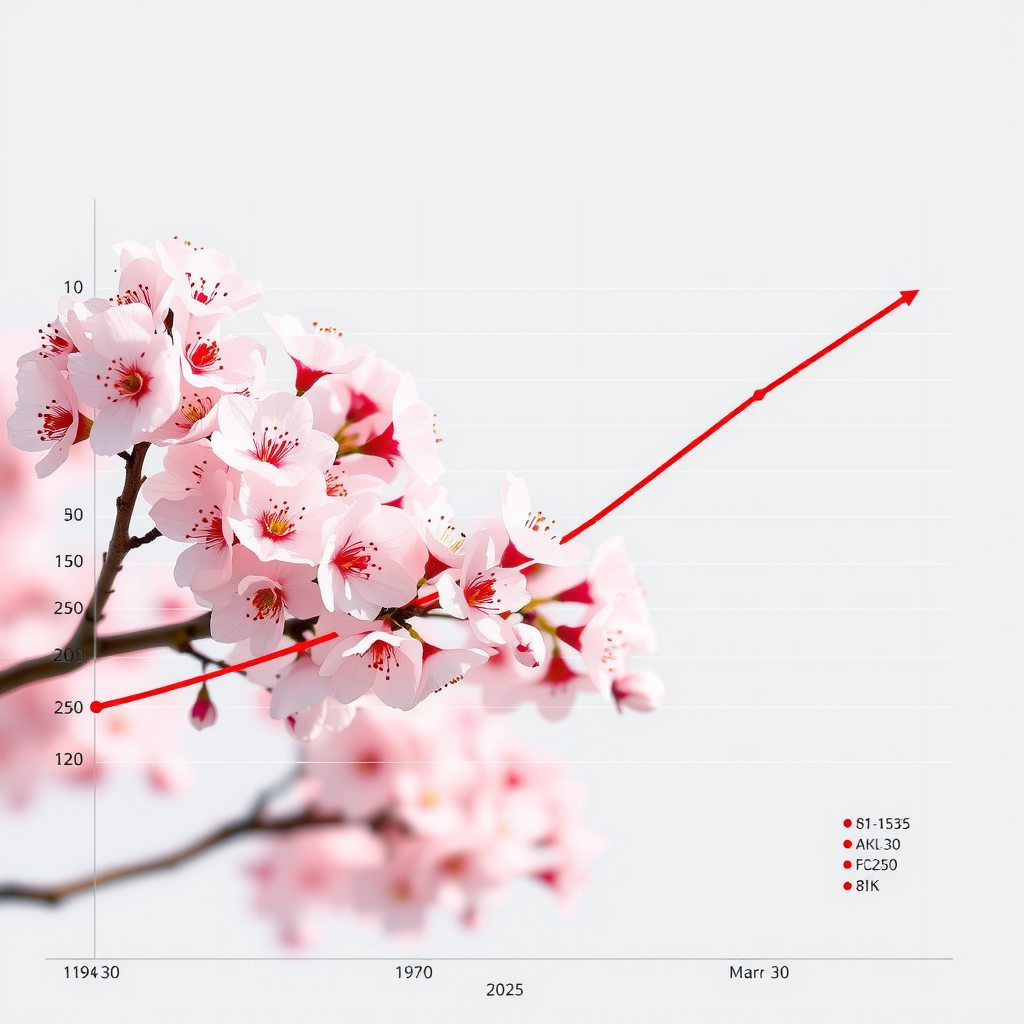 過去100年間の桜開花日の変化を示す折れ線グラフ。横軸に西暦年(1920年から2025年)、縦軸に開花日(3月1日から4月30日)を表示。青色の線が実際の開花日を示し、赤色の破線が長期トレンドを表している。グラフは開花日が徐々に早まる傾向を明確に示している。