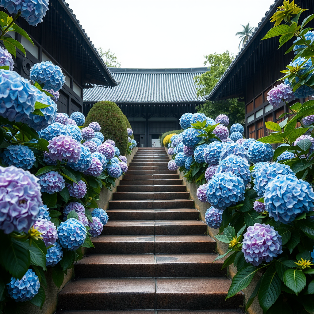 古い日本の寺院の境内に咲き誇る紫陽花。石段の両脇に青や紫の紫陽花が並び、雨に濡れた石畳が光を反射している。背景には伝統的な木造建築が見える